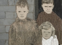 sue stone, detail of embroidery on canvas, three children from ww2 era