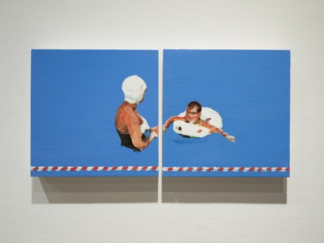 mark mann painting of mother and son in pool, diptych