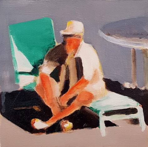 mark mann painting of man sitting on pool chair