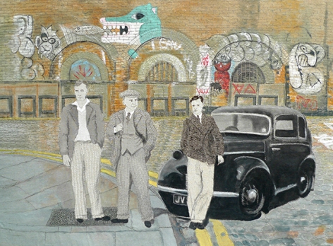 Sue Stone The Boys Go To London Town, 2014 Mixed media, hand/machine stitch and fabric paint 36 ¼ x 48 in. / 92 x 122 cm.