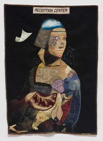 China Marks The Aliens, 2017 Fabric, thread, lace, fusible adhesive on a contemporary tapestry copy of da Vinci’s Lady with an Ermine and parts of Gaudi’s La Familia