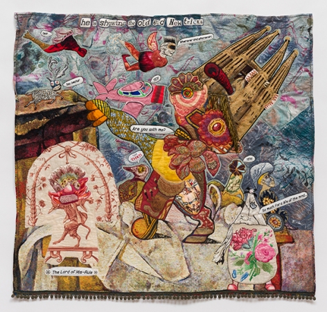 China Marks Tomorrow the World, 2017 Fabric, thread, screen-printing Ink, brass trim, plastic ring, cast plastic daemon’s head, coated wire, lace, Jade glue, fusible adhesive on a contemporary tapestry copy of a Cezanne still-life of a basket on a table, also integrating part of a tapestry copy of Gaudi’s La Familia