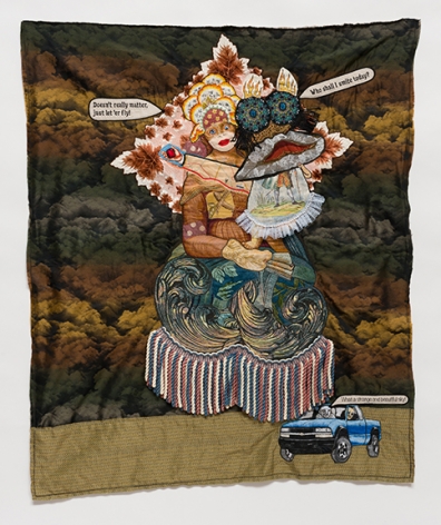 China Marks  Above and Below, or How Bad Things Happen to Good People, 2016  Fabric, thread, screen-printing ink, plastic pearls,  lace, tea-dyed fabric, fusible adhesive on a  contemporary tapestry copy of Raphael’s  Cowper Madonna