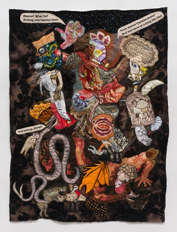 China Marks Hell Has Its Charms, 2017 Fabric, thread, screen printing ink, lace, residual pencil, brass trim on a contemporary tapestry copy of Guido Reni’s St. Michael the Archangel Trampling Satan