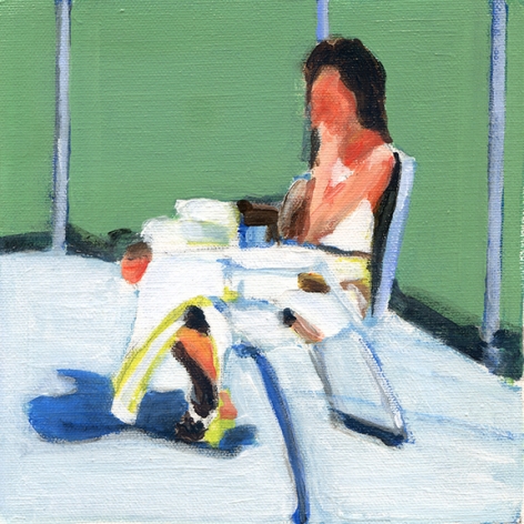 mark mann, painting of woman sitting on deck chair