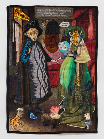 China Marks A Singular Occasion, 2017 Fabric, thread, screen-printing ink, brass trim, residual latex paint, fusible adhesive on a contemporary tapestry copy of The Arnolfini Portrait by Van Eyck