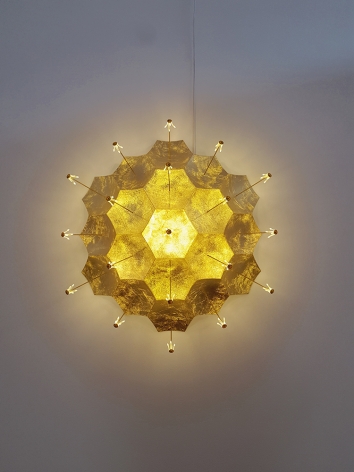 Kenzan Tsutakawa-Chinn Coronal Ejection, 2017 SLS-printed nylon, LEDs, composition goldleaf and brass with electronic wiring 22 x 21 x 10 in. / 55.9 x 53.3 x 25.4 cm.