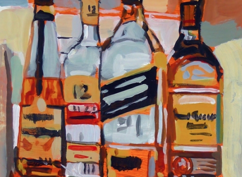 walter robinson liquor bottles on shelf, acrylic on paper