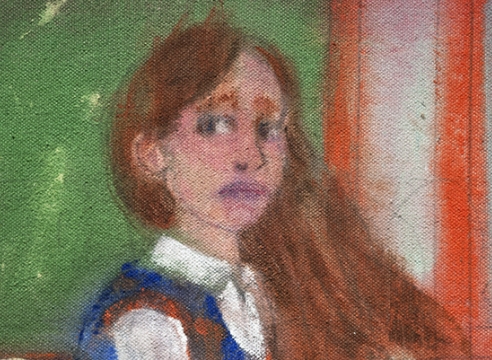 danny licul, detail of painting of young girl in school classroom