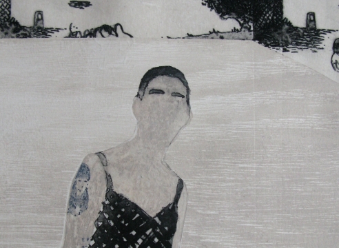 elin rodseth, detail of a faceless stranger in bathing suit, print on paper